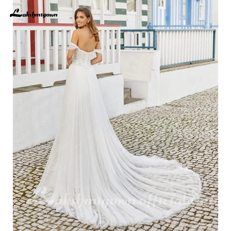 

Charming Boat neck Lace Wedding Dresses A-line 2021 Sexy Side Split Bridal Gowns Ivory Wedding Party gowns