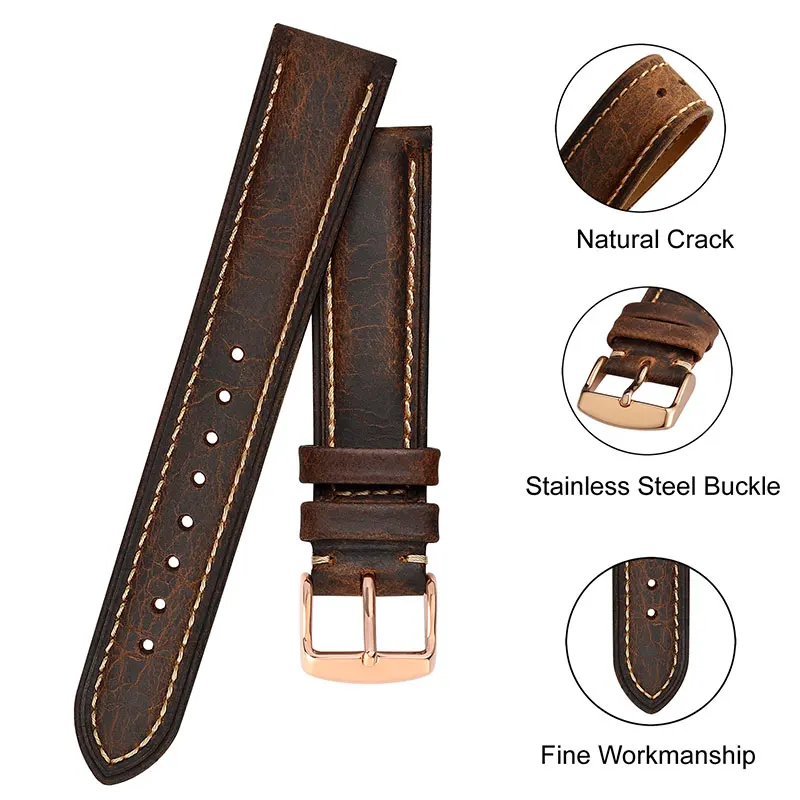 BISONSTRAP Crazy Horse Leather Watch Strap 14mm~24mm Retro Vintage Replacement Belt Rose Gold Buckle,Band for Men an
