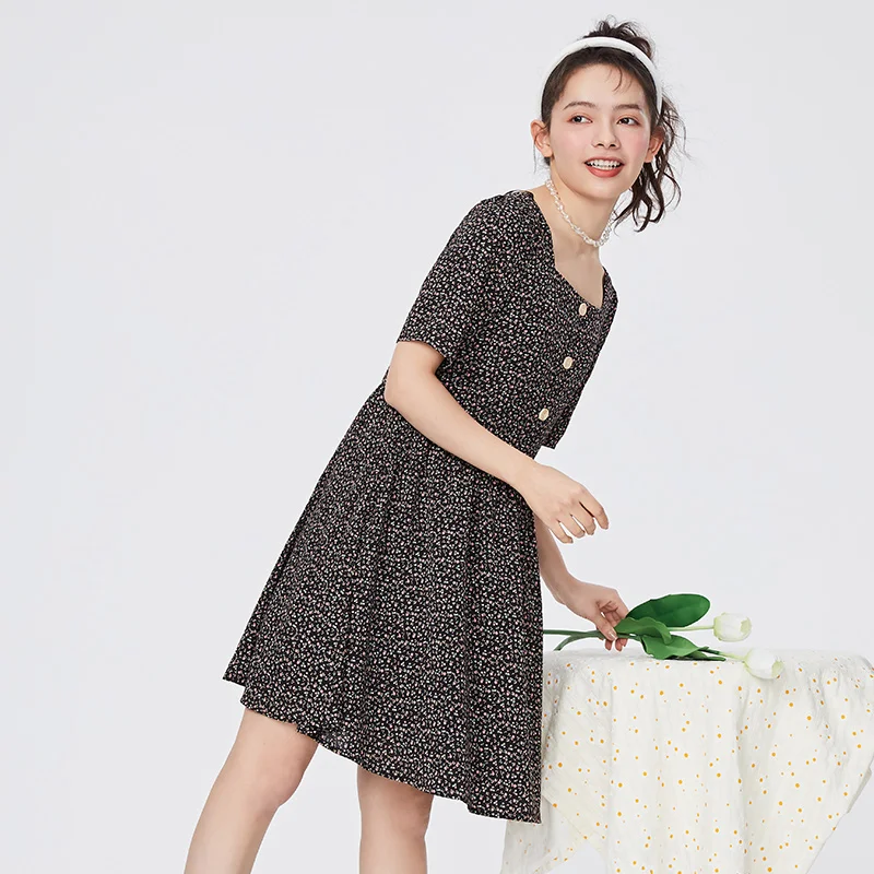 

SEMIR Dress Women Short Sleeve French Retro Square Collar Chiffon Floral Dress 2021 Summer New Waist And Slim Dresses For Party