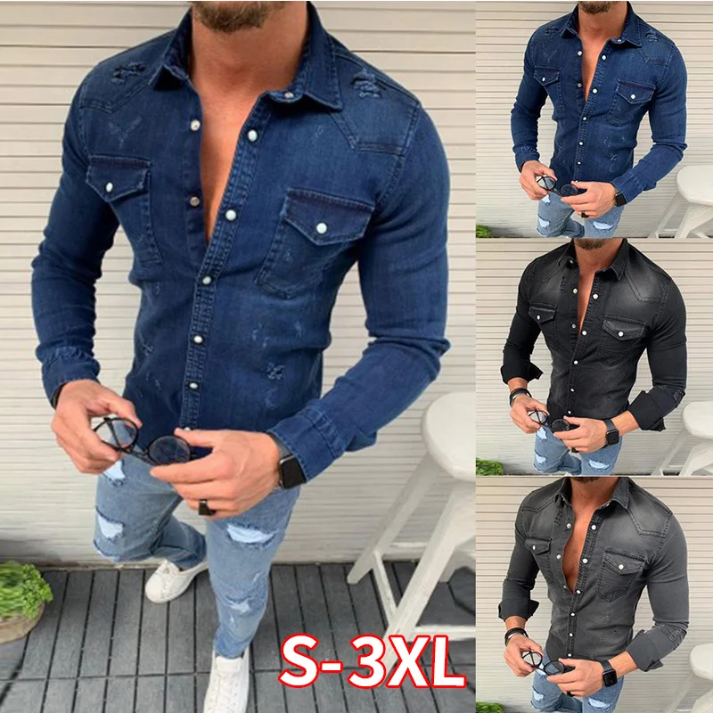 

Mens Denim Shirts Slim Fit Casual Long Sleeve Tops And Blouse Male Washed Autumn Jean Shirts Streetwear Camisa Masculina