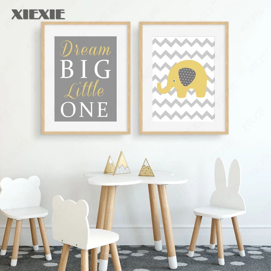 

For Kid Bedroom Decoration Yellow Elephant Love Dream Big Little One Nursery Canvas Painting Wall Art Prints Poster Pictures