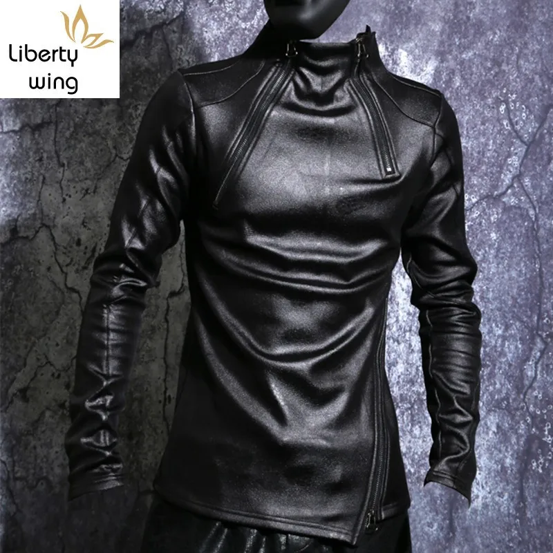 Autumn Winter Men Stand Collar Warm Fleece Lining Pullover Gothic Slim Fit Punk Coat Black Motorcycle Pu Leather Jacket