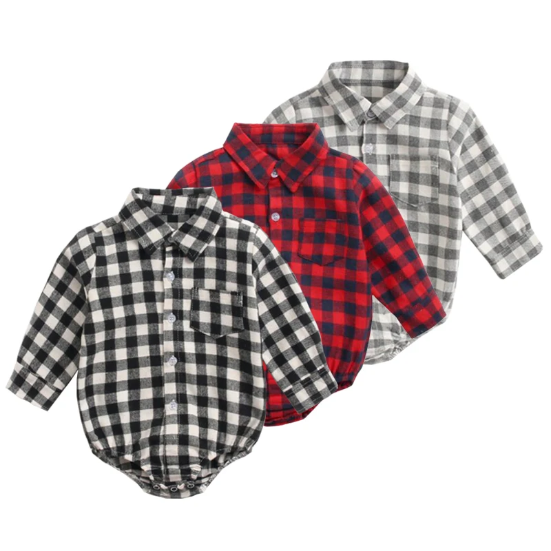 

Infant Bodysuit Spring New Baby Boys Clothes Long Sleeve Jumpsuit Plaid Turndown Collar Rompers Girls Pure Cotton Costume 1pc