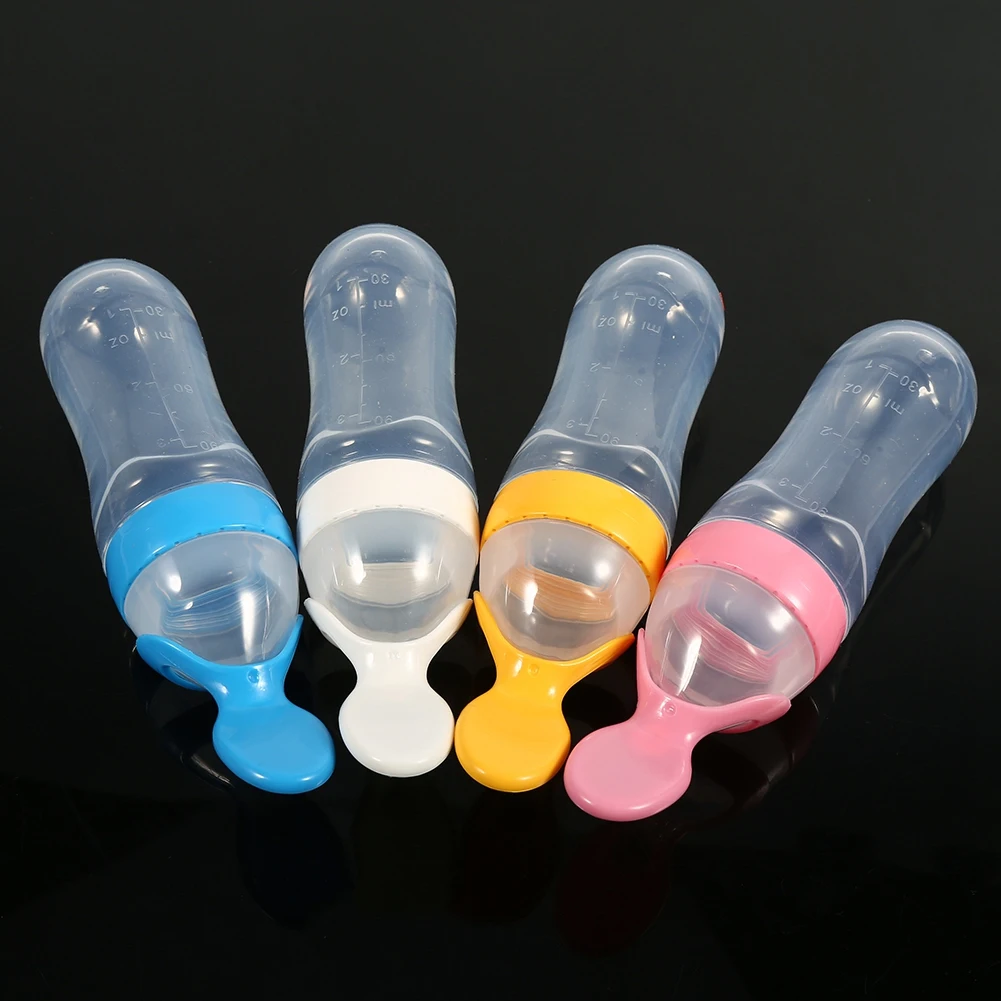 

2019 Hot sale 90ML cute Lovely Safety Infant Baby Silicone Feeding With Spoon Feeder Food Rice Cereal Bottle For Best Gift