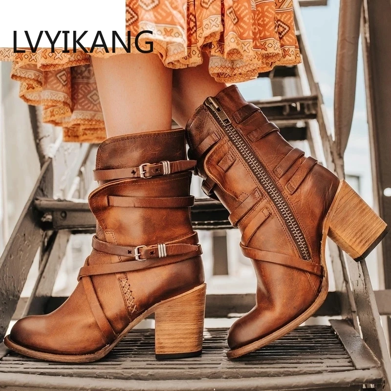 Женские ботильоны на высоком квадратном каблуке; botas zapatos mujer; зимняя кожаная обувь в стиле ретро; ботинки в ковбойском стиле; большие размеры 35-43