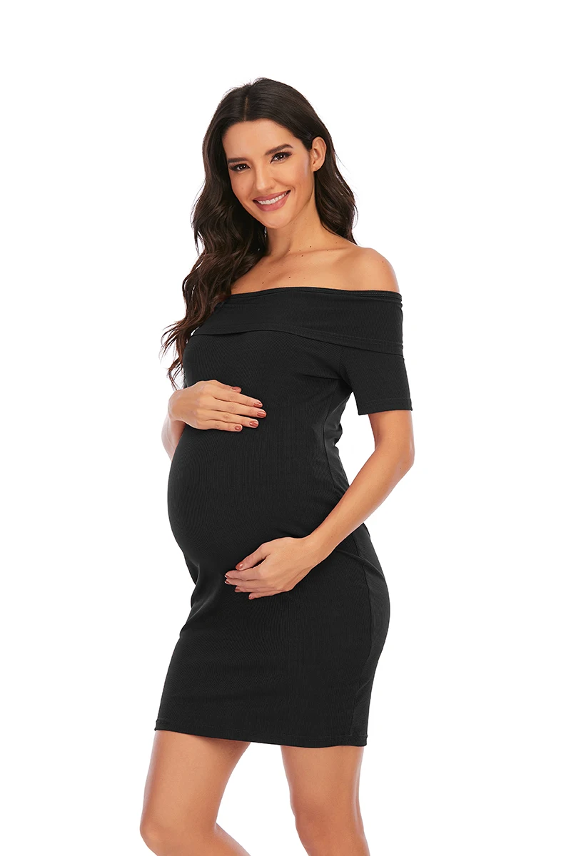 

6175# 2021 Summer Chic Ins Maternity Dress Shoulder Off Bodycon Slim Sexy Hot Clothes for Pregnant Women European Pregnancy
