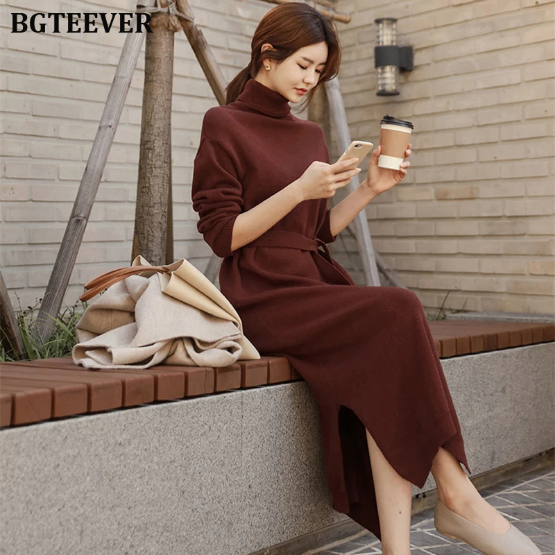 Водолазка с разрезом сбоку женское платье свитер 2019 осенне зимнее трикотажное со