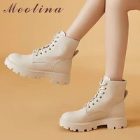 meotina women genuine leather motorcycle boots platform thick med heel ankle boots round toe lace up ladies boots autumn apricot