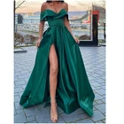 Женское атласное платье с открытыми плечами, длинное платье изумрудно-зеленого цвета с разрезом, V-образным вырезом и длиной в Пол, платье в арабском стиле для выпускного вечера