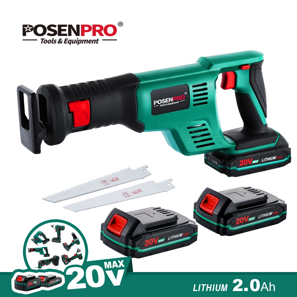 

POSENPRO 20V Cordless Electric Reciprocating Saw 2.0Ah Battery 22mm Stroke with Saw Blades Sawing Cutting Tool