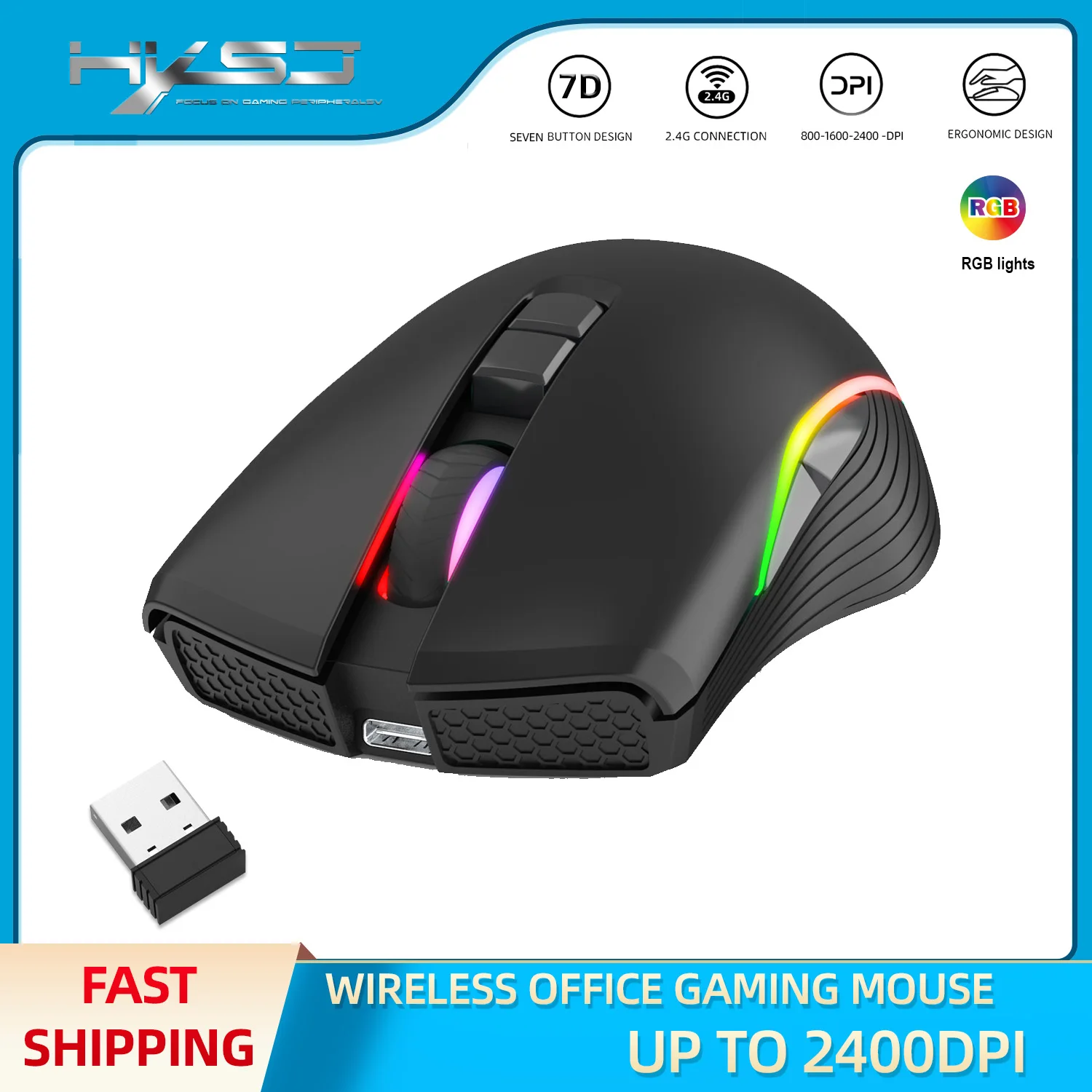

HXSJ New TYPE-C Fast Charging Mouse Wireless Mouse 2.4G Colorful Breathing Light Black Suitable for Notebook Desktop PC