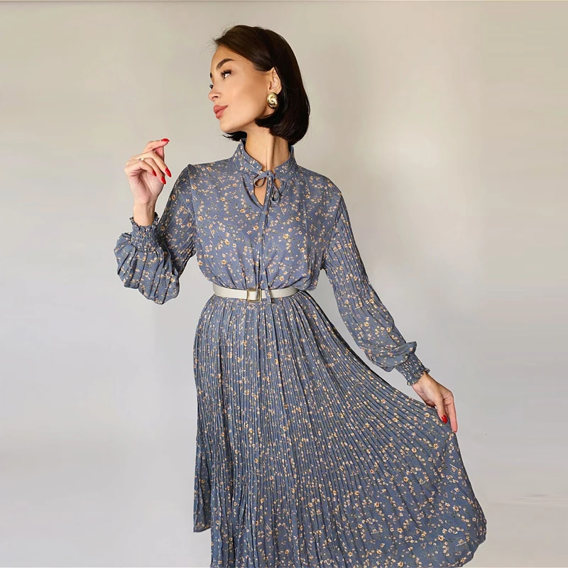 

Moarcho Casual Stand Collar Floral Print A-Line Woman Dress Female French Elegance Lantern Sleeve High Waist Pleated Dress 2021