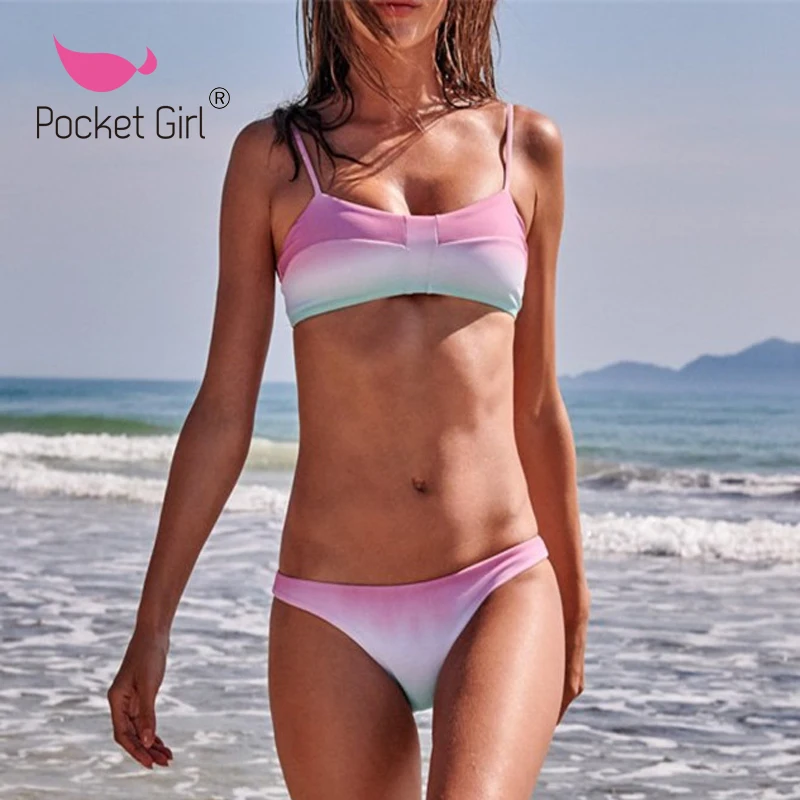 

Pocket Girl 2020 Swimwear Women Bikini Set Rainbow Print Padded Bathing Swimsuit Beachwear Halter Bathing Suit Brazilian Biquini
