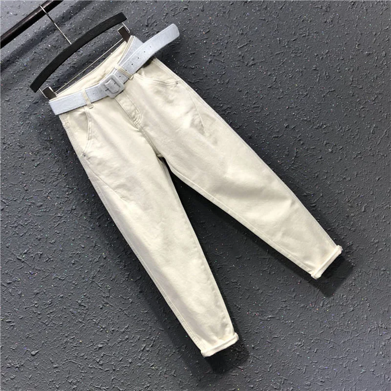 

Women's Spring Autumn Style Jeans Women's Sashes High Waist Zipper Solid Color Pockets Loose Jeans Trousers KK0226