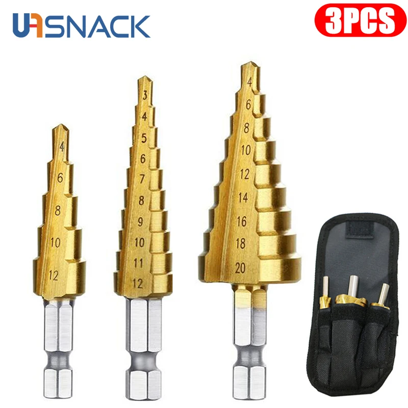 

3pcs Step Drill Bit Hss Titanium Coated Step Cone Metal Hole Cutter Metal Hex Tapered Drill Power Tool Part 3-12mm 4-12mm 4-20mm