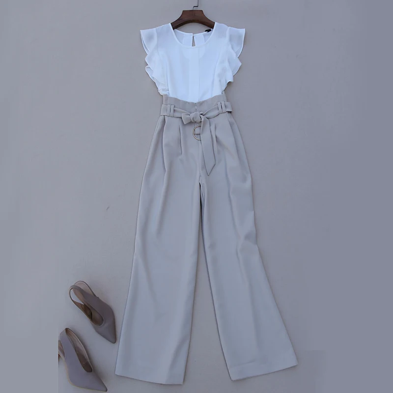 

Business Casual Summer Chiffon Ruffled Short Sleeve Top and High Waist Belted Wide Leg Trousers Office Lady OL One Set
