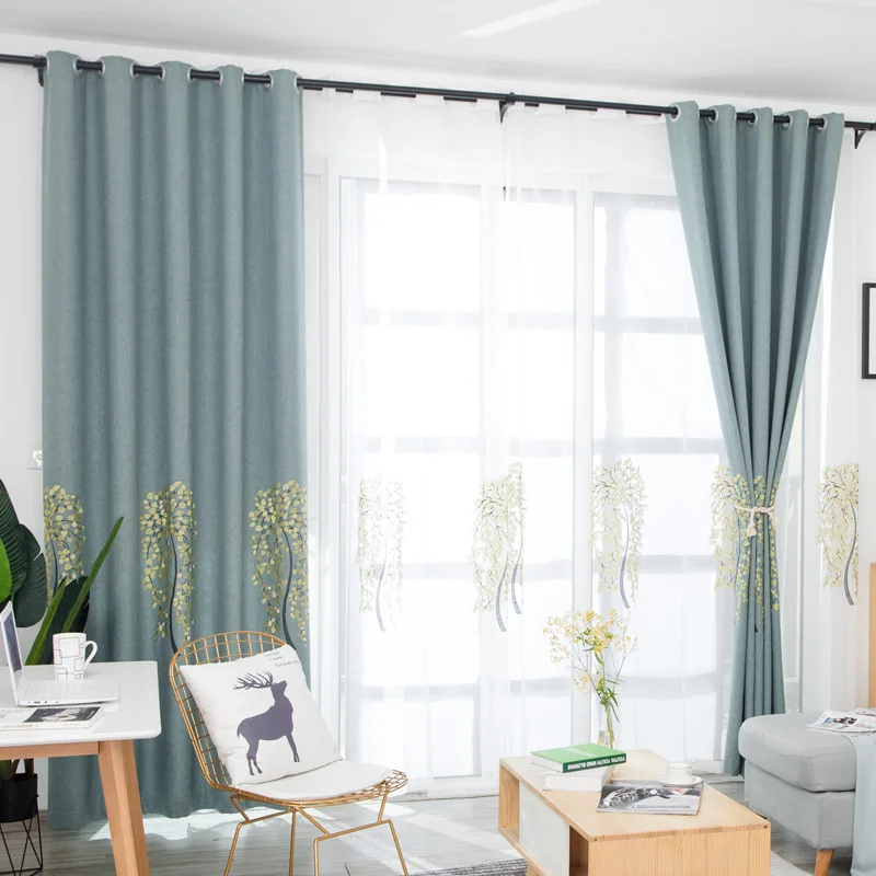 

Modern Simple Pastoral Curtain Cotton Linen Embroidery Cashew Fortune Tree Printing Embroidered Curtain for Living Room Bedroom