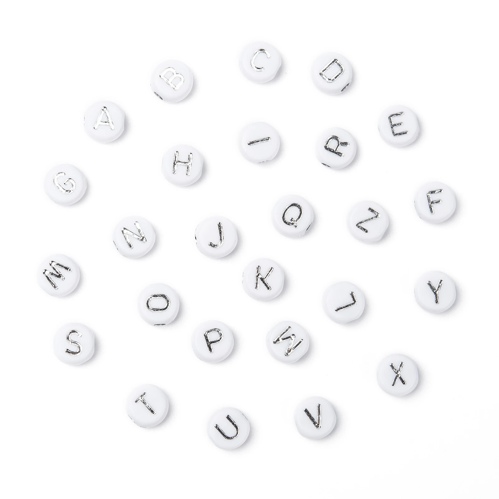 

1 bag White Plating Acrylic Beads Metal Enlaced Mixed Letters Flat Round 7x4mm, Hole: 1.8mm