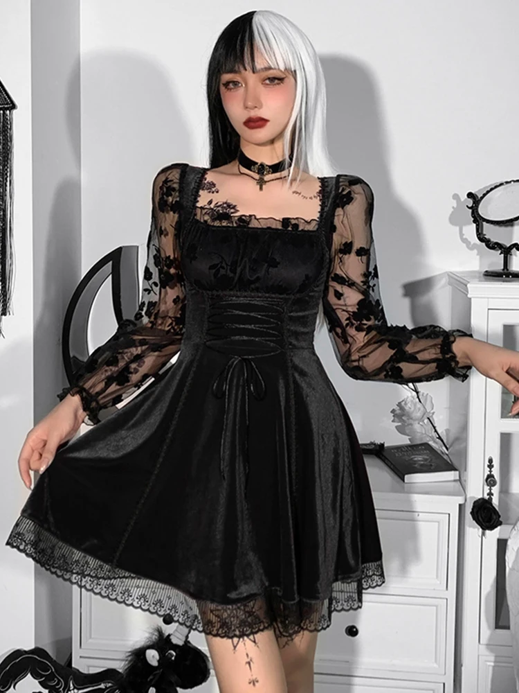 Винтажное черное бархатное платье InsGoth в готическом стиле на шнуровке эстетичные