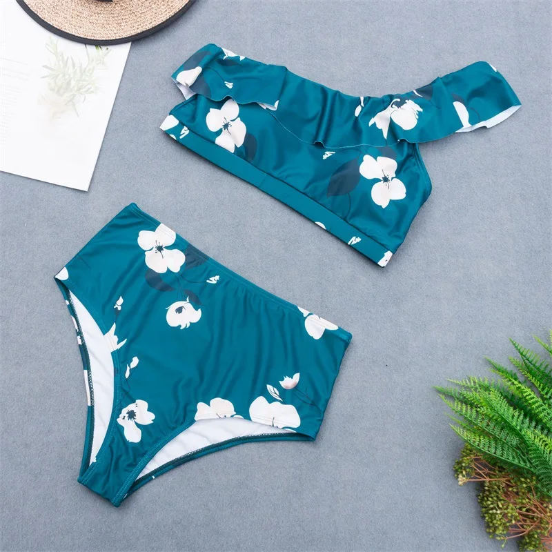 Женский купальник с высокой талией зеленое бикини на одно плечо размера плюс