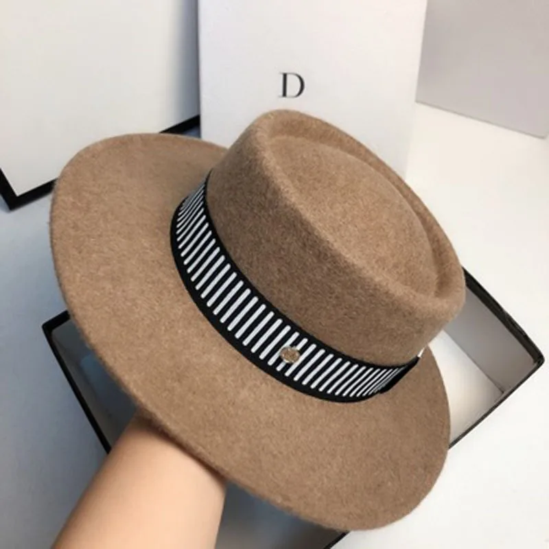 Fashion simple wool% concave top hat, black and white striped sun hat.
