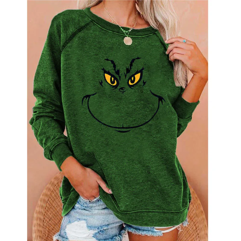 

Winter &Autumn Funny Grinch Printed Round Neck Women's Hoodies Long Sleeved Christmas Sweatshirt Fashion Casual Loose Pullovers
