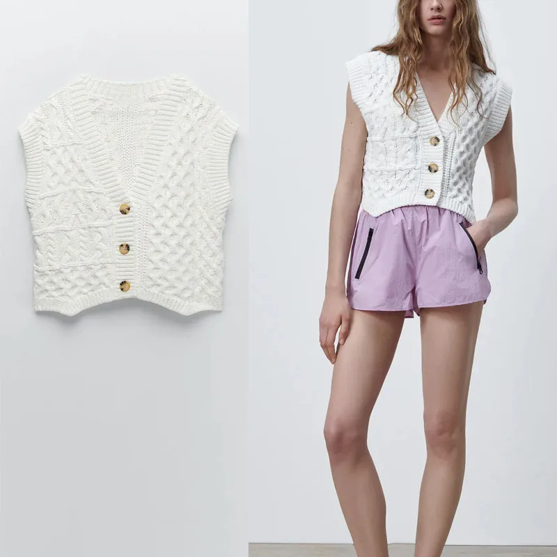 

Женский вязаный жилет без рукавов ZA, белый винтажный свитер на пуговицах с V-образным вырезом, весна 2021