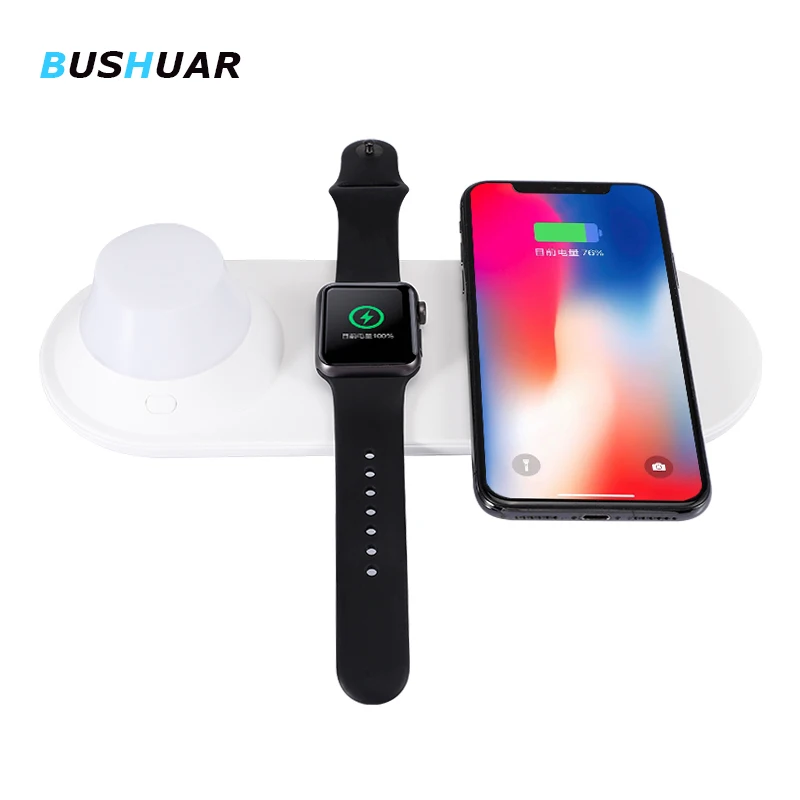 Беспроводное зарядное устройство Qi 3 в 1 ночник для iPhone 8 X XS Max XR Apple Watch 4 2 10 Вт