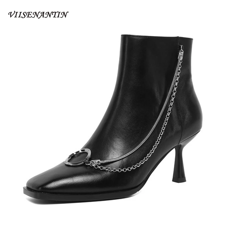 

Женские ботильоны на высоком каблуке, с металлической цепочкой и квадратным носком, на молнии сбоку