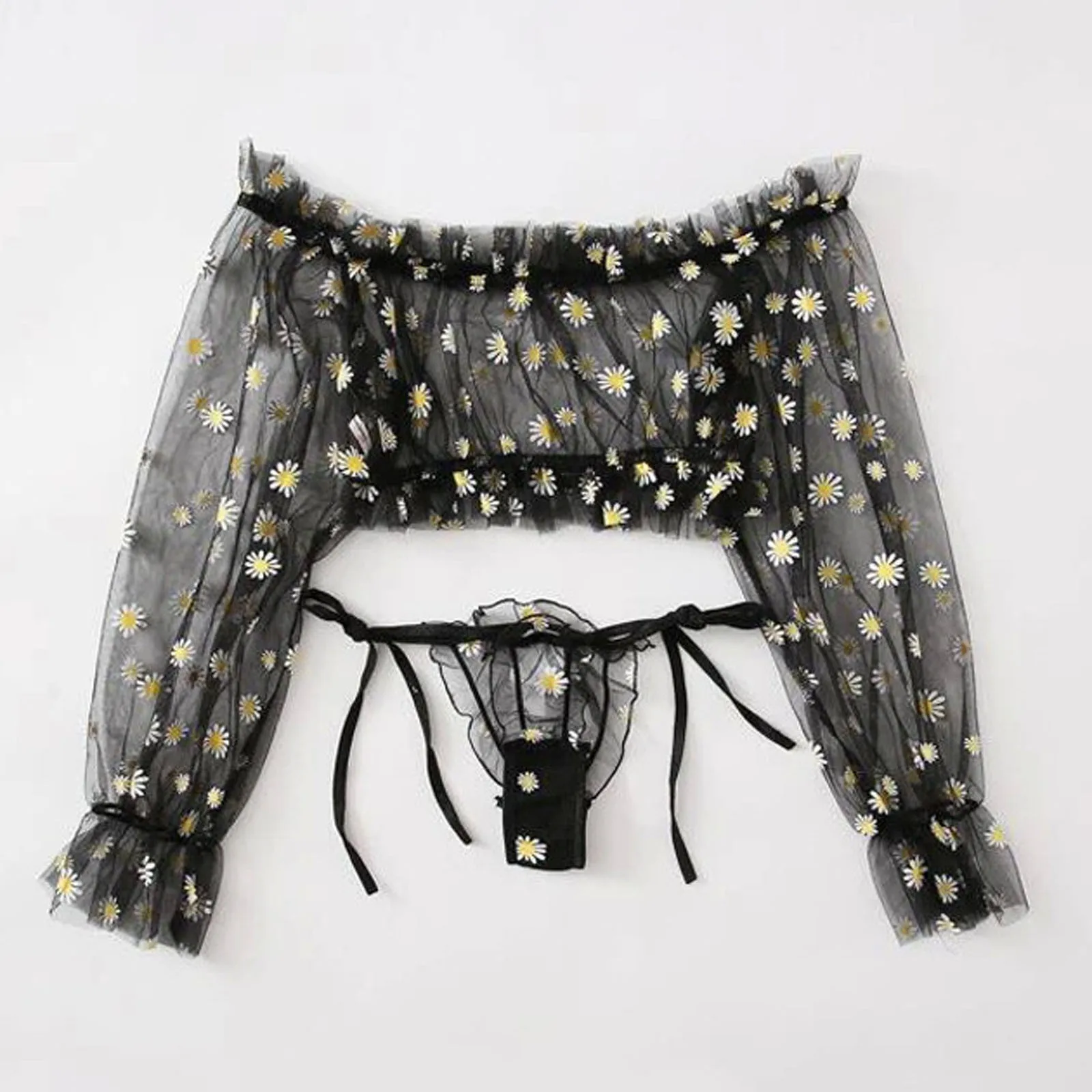 

Sexy Floral Lingerie Set Women Lace Gauze Long sleeve Top With Underpants Sheer Temptation Sleepwear Set Sensual Underwear set