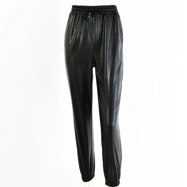 

Women PU Leather Trousers Harem Pants Casual High Waist Elastic Faux Leather Autumn Spring Streetwear Office Loose Trousers