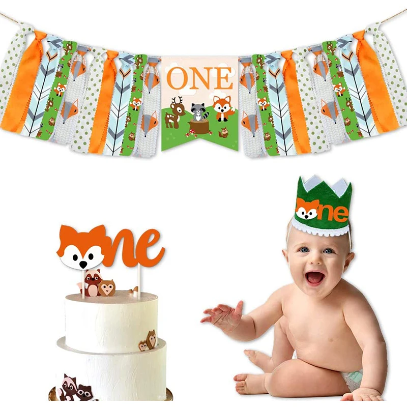 

Boy and Girl 1st Woodland Birthday Banner Crown and Cake Topper Wild One Baby Fox Theme Birthday Party Decorations