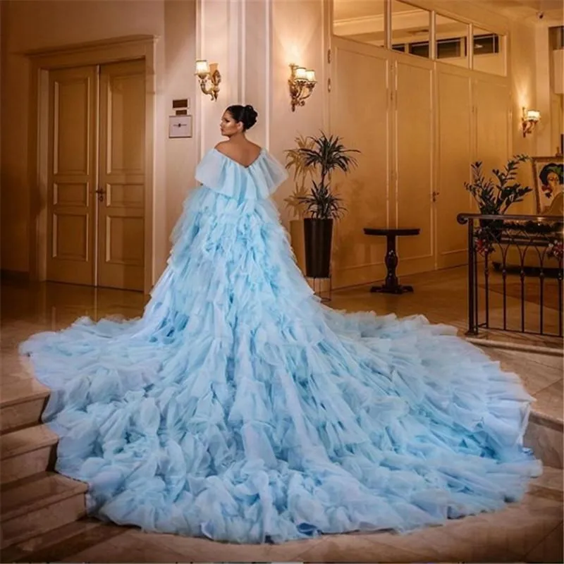 

Gorgeous Prom Gowns 2021 Puffy Full Ruffles Queen Style Formal Dress Sky Blue abiye vestido de fiesta Women Dress Customized