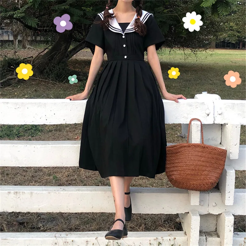 

Japanese Harajuku Summer Women Black Midi Dress Sailor Collar Casual Loose Preppy Dress Elegant Sweet Cute Kawaii Pleated Dress