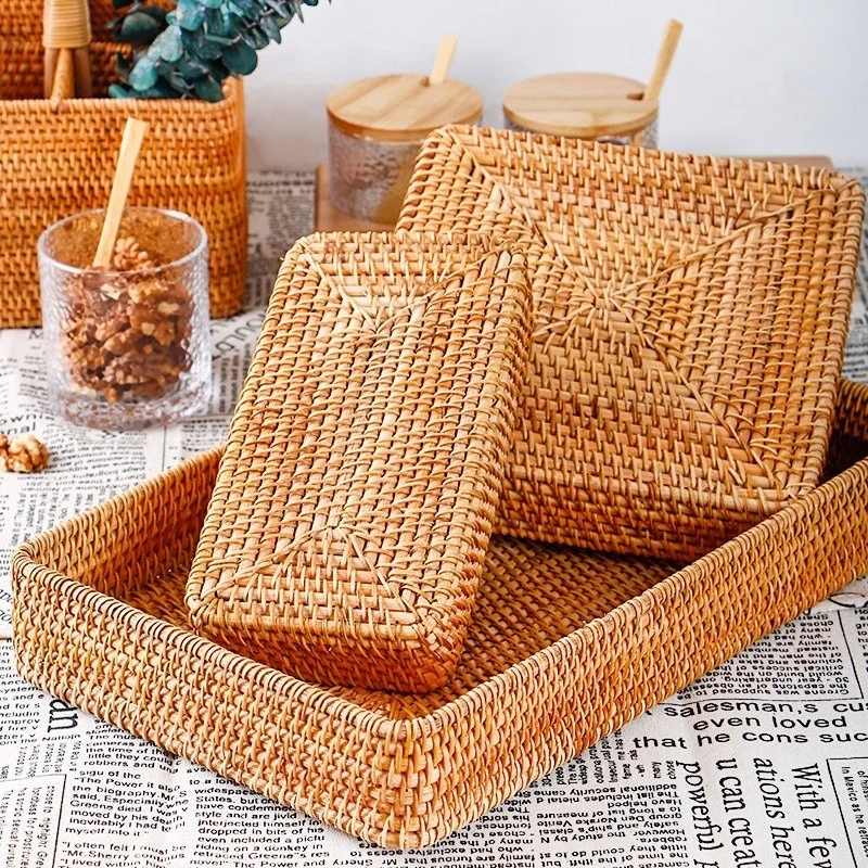 

Storage Rectangle Bread Picnic Set Fruit Straw Wicker Basket Desktop Sundries Household Rattan Basket Cube Storage Basket