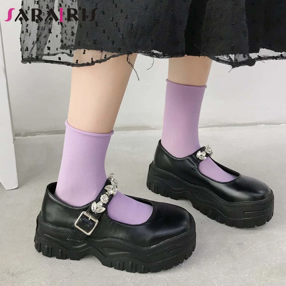 

SARAIRIS Brand Design Female Gothic Cute Student Pumps Shallow Mary Janes Pumps Women Platform Chunky Heels Crystal Shoes Woman