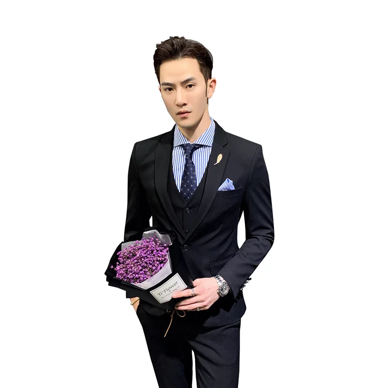 

three piece suit fashion men's formal dress bridegroom's small suit Korean best man's pure color suit wedding dress