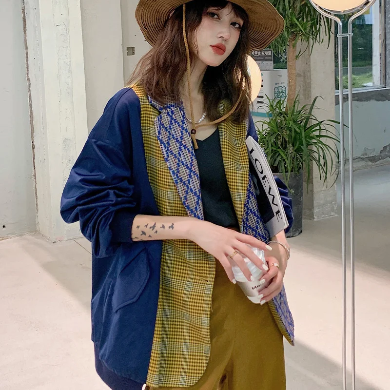 

Autumn New Loose Check Pattern Contrast Stitching Single-breasted Blazer Ustyle0383