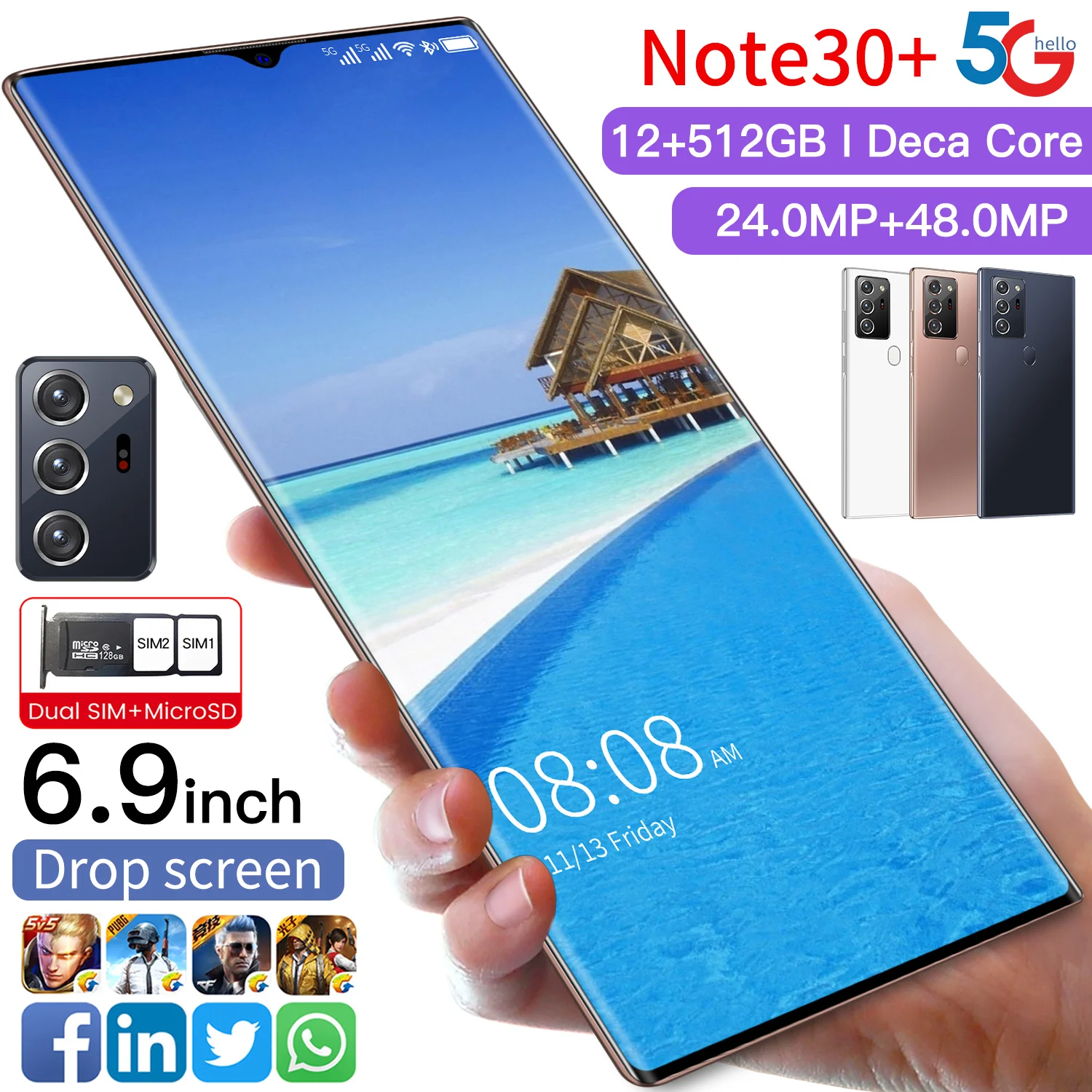 2021 новые Note30 + 6.9in 5G смартфон 6000 мА/ч Android10 Neteork мобильного телефона 12 512 г полный