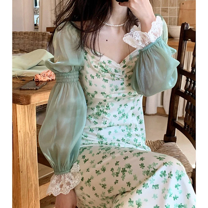 

Женское платье с длинным рукавом, зеленое платье с принтом, весна-лето 2020