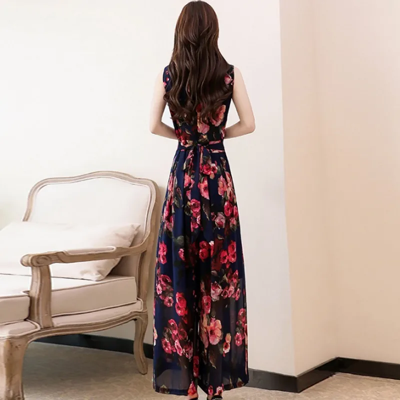 Модный шифоновый комбинезон без рукавов с принтом женские брюки широкими