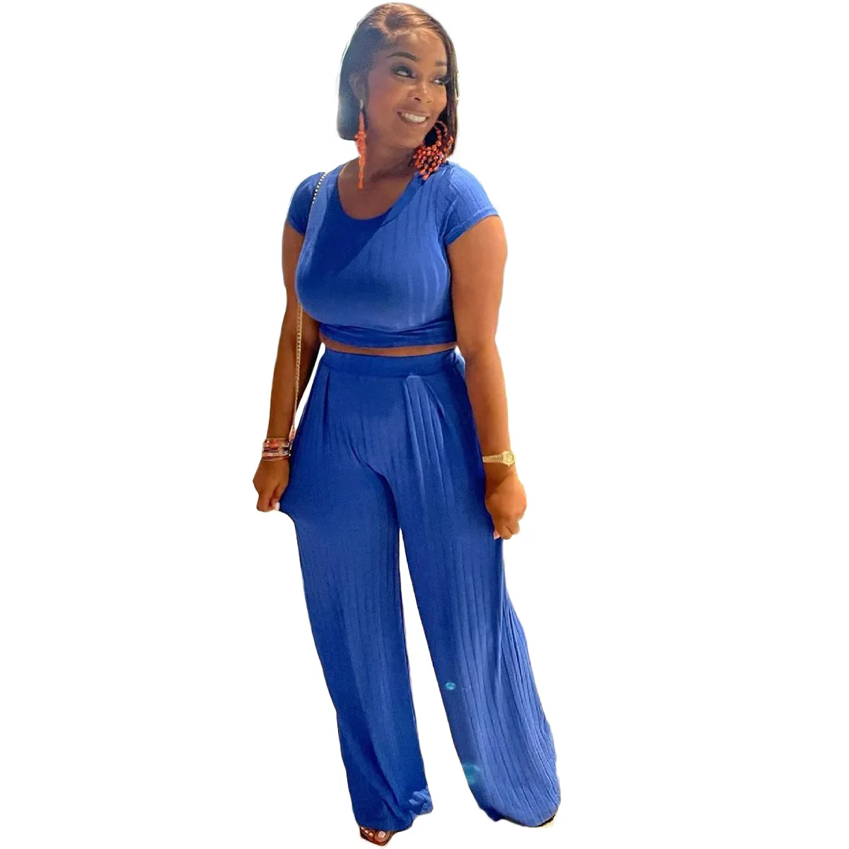 

2021 New Women Short Casual Pullover O-neck Top And Full Length Straight Wide Leg Pants Two Piece Set