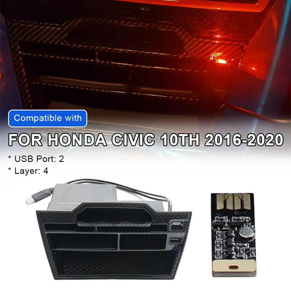 

Console Storage Box Coins Trays Cards Organizer with Dual USB Outlet Cable for Honda Civic 2016-2020 Car Accessories Interior