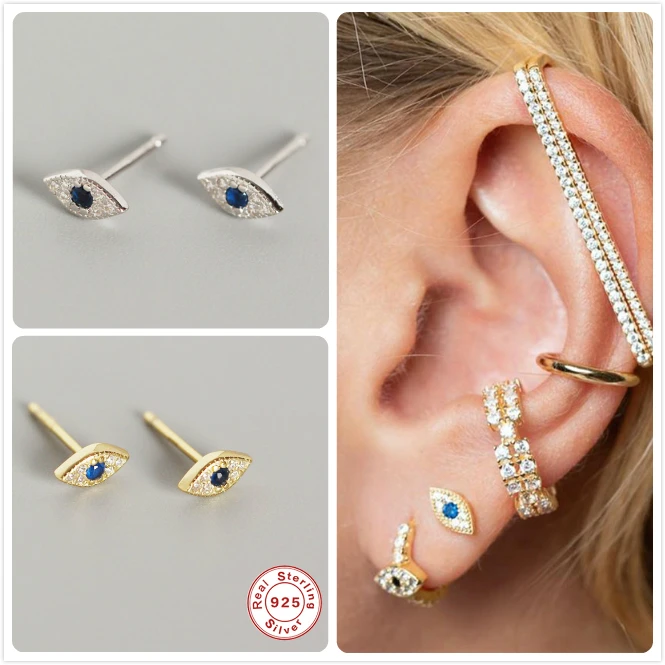 Настоящее серебро 925 пробы серьги для женщин Золотые со сглаза девушек пирсинга