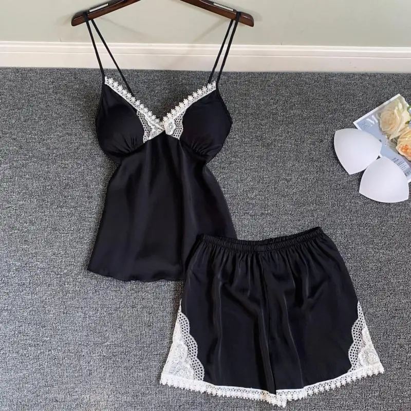 

Satin Sleep Set Intimate Lingerie Casual Home Clothing 2PCS Pajamas Suit Women Summer New Patchwork Lace Sleepwear Nightwear