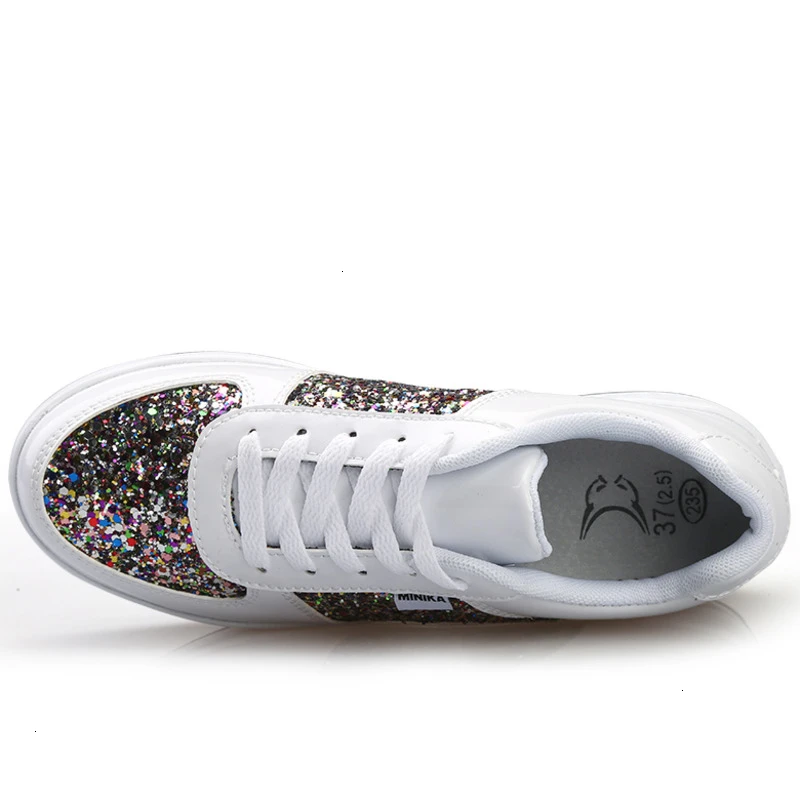 Женская обувь для бега блестящие кроссовки на платформе со шнуровкой кожаные