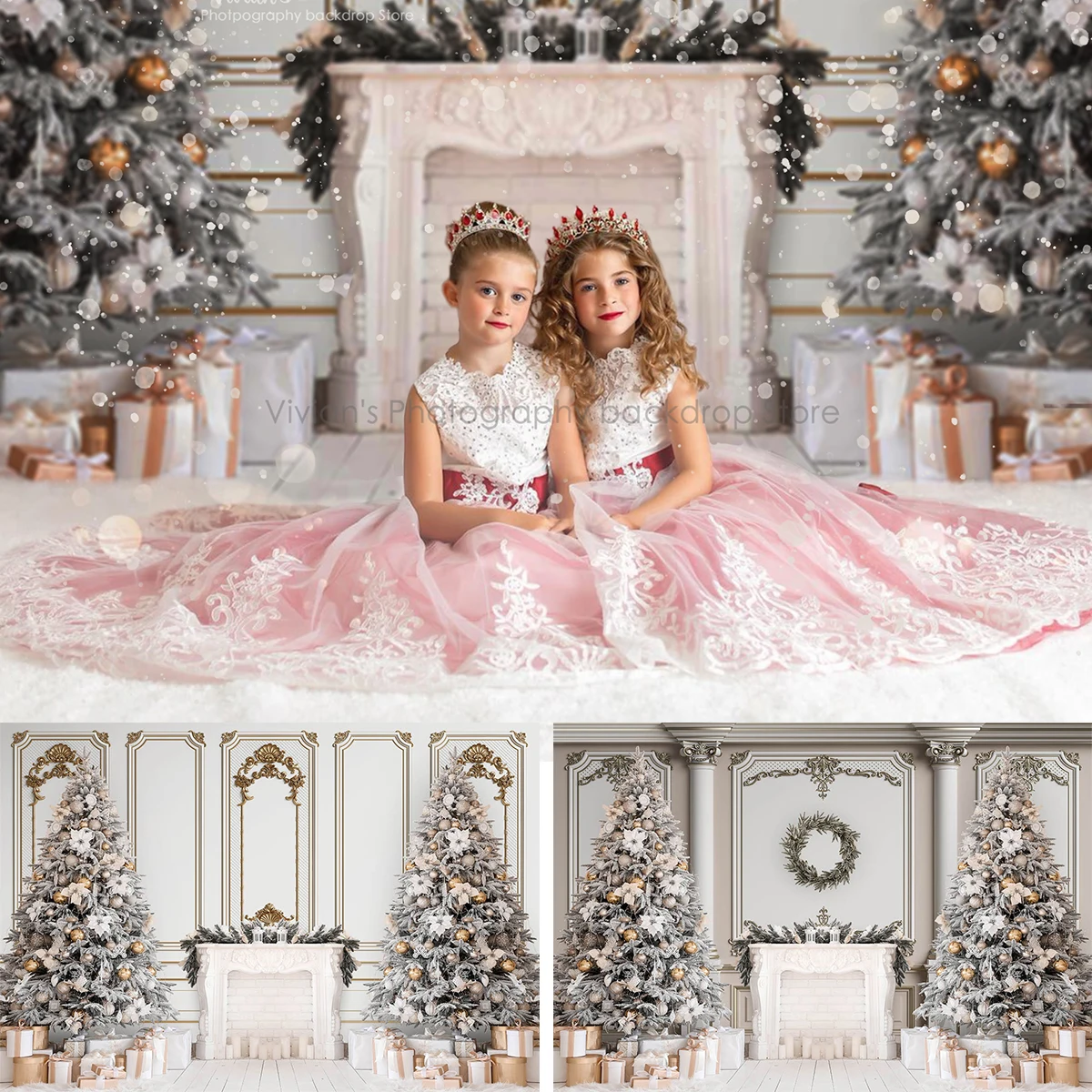 

Christmas Backdrop Kids Photocall Sliver Trees Gold Gift Box Child Baby Photostudio Props White Fireplace Background Decoration