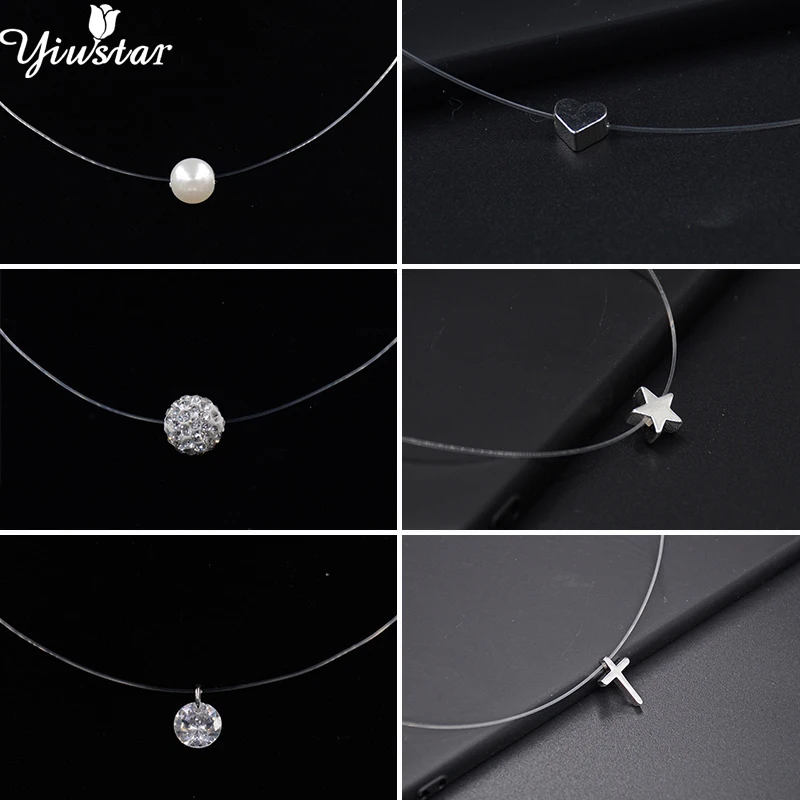 

Personality Imitation Pearl Crystal Zircon Star Cross Choker Necklace Women Transparent Fishing Line Invisible Necklaces Fashion