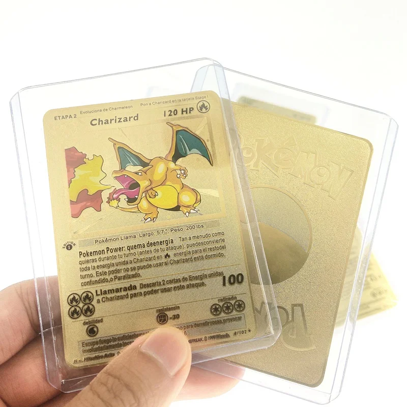 Juego de cartas de Pok&eacute;mon en espa&ntilde;ol, set de 5 unids/set de cartas de edici&oacute;n limitada de Pikachu Charizard de Metal dorado, colecci&oacute;n de tarjetas de juego de regalo-4