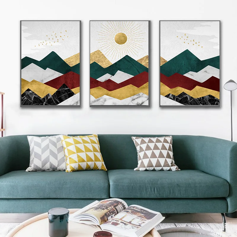 

Абстрактный пейзаж, плакаты и принты на холсте, живопись гор, солнце, птица, настенные картины для гостиной, современное домашнее украшение